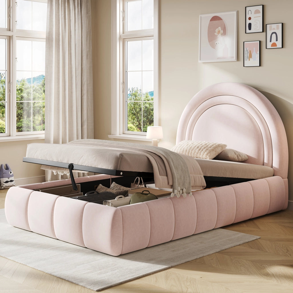 Letto Singolo Contenitore Imbottito ¨C MINIMAL ¨C Velluto Rosa 90x200, Testiera, Rete a Doghe, Idraulico