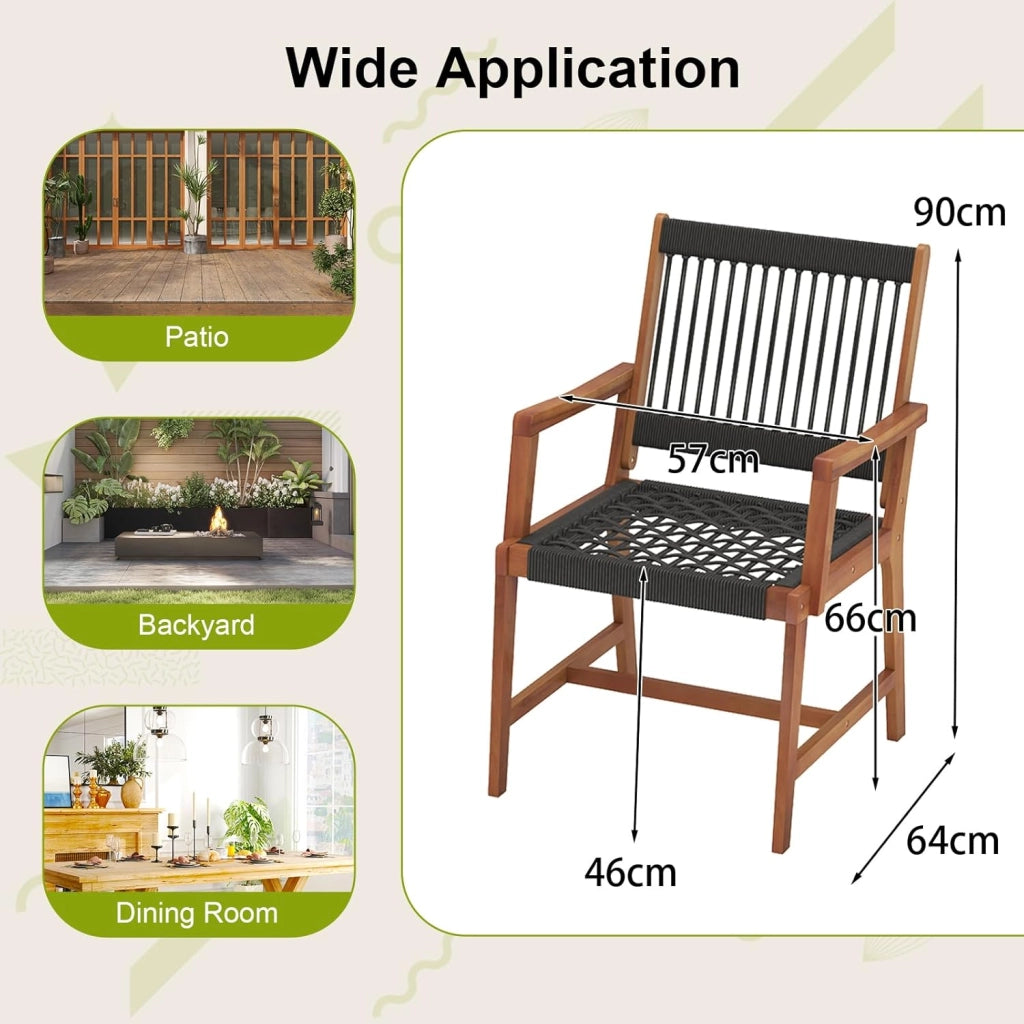 Set di 2 Sedie da Pranzo in Legno di Acacia per Esterno, Sedie da Giardino Intrecciate con Braccioli, Sedia in Legno di Acacia con Tessitura di Corda di Plastica, Capacità di Carico di 160 kg