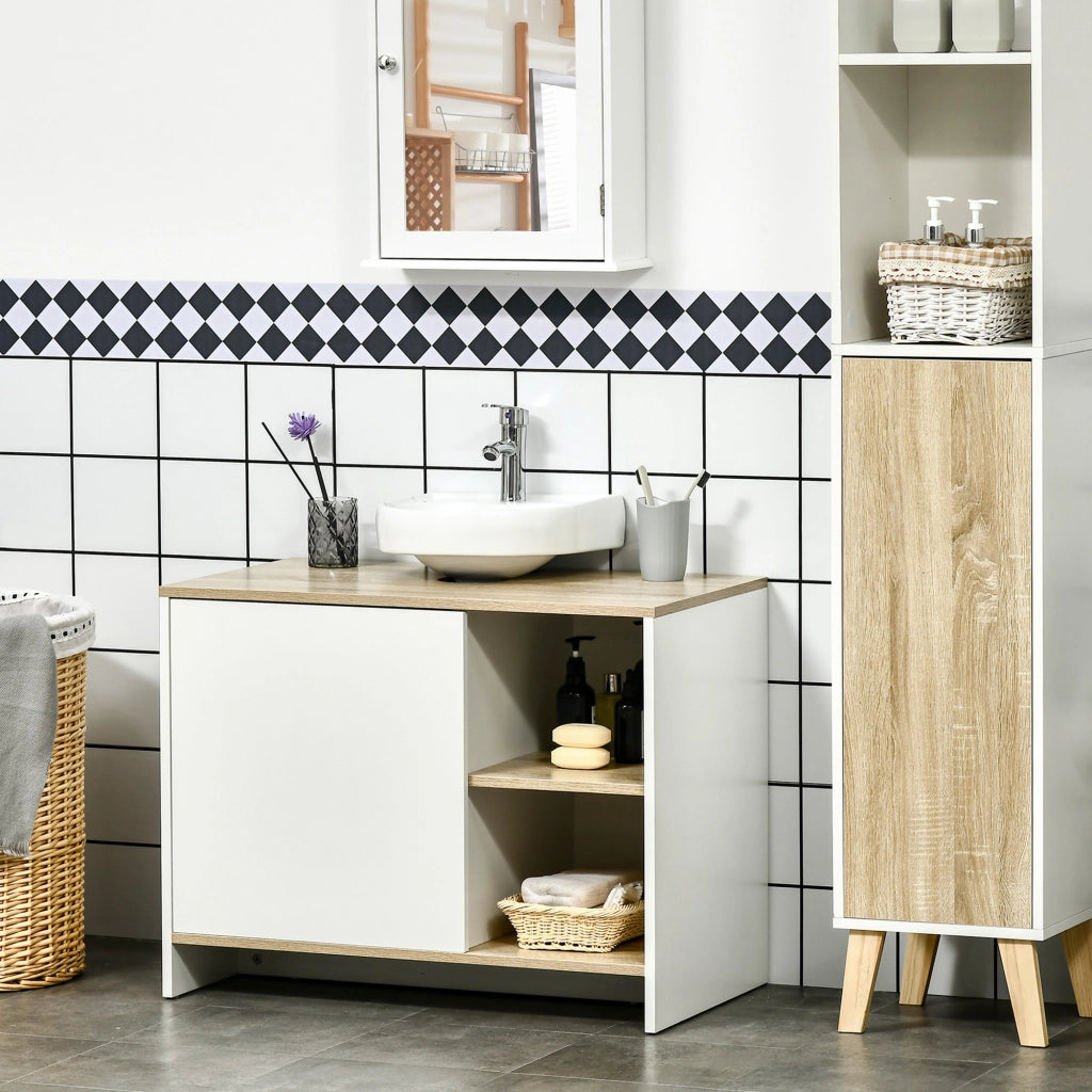 Mobile Sottolavabo con Anta e Ripiani ¨C Zephmum ¨C 77x45x60 cm Bianco e Naturale