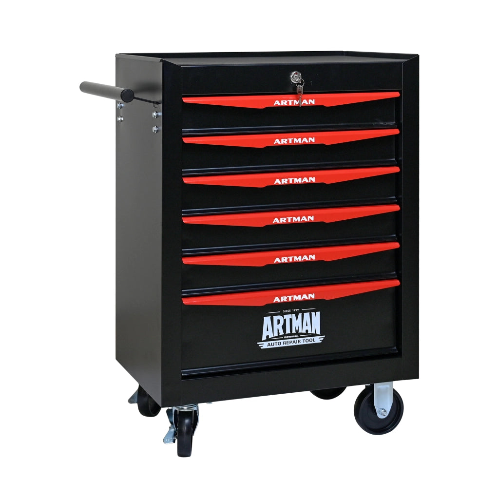 Cassettiera con ruote a 6 cassetti in acciaio con serratura, per garage e officina, nero e rosso, 60 × 33 × 77,5 cm