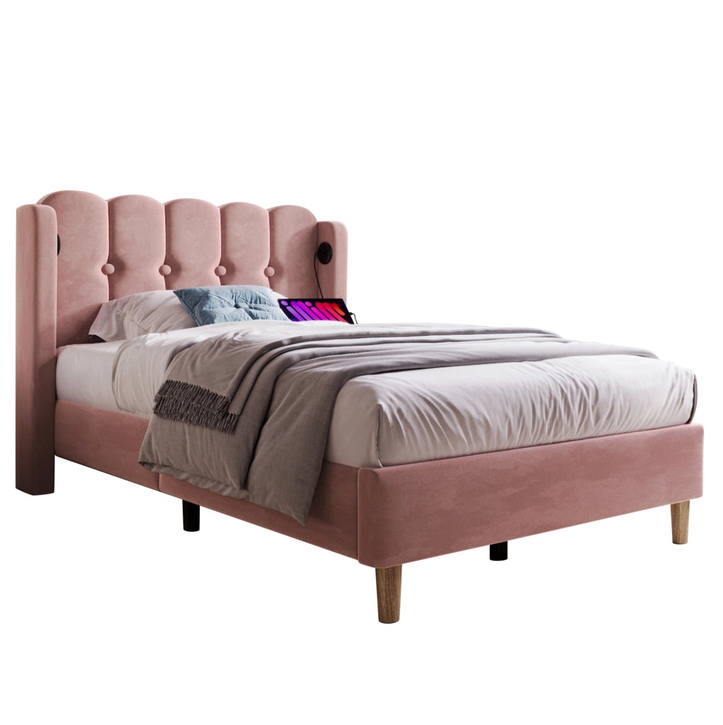 Letto imbottito in velluto rosa 90x200 cm con USB e Type-C