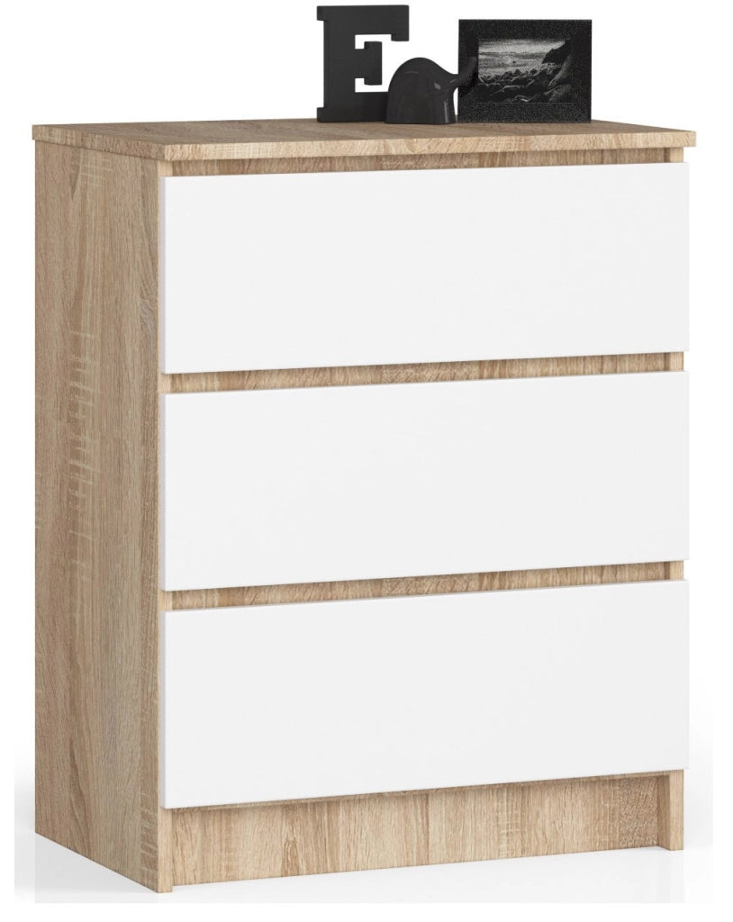 Cassettiera AKORD K60 Cassettiera Sonoma Quercia 60 cm 3 cassetti inserto frontale Bianco 60x40x77 cm