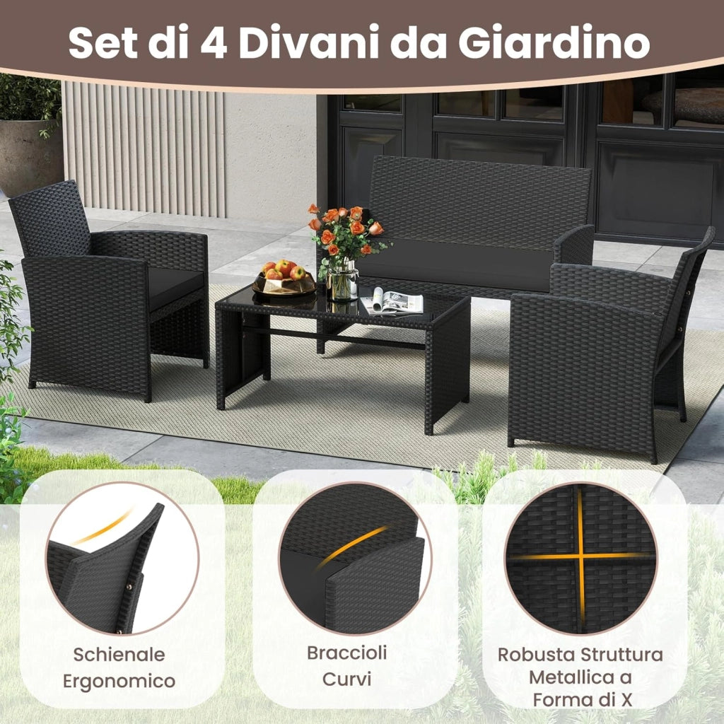 Set Salotto da Giardino 4 Pezzi, Divanetto e Poltrone in Rattan con Tavolino da Caffè in Vetro Temperato, Set di Mobili da Esterno Imbottiti per Cortile, Veranda e Bordo Piscina (Nero)