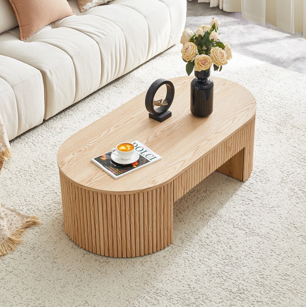 Tavolino da caffè 118x65x17 cm con cassetto e finitura scanalata in MDF naturale