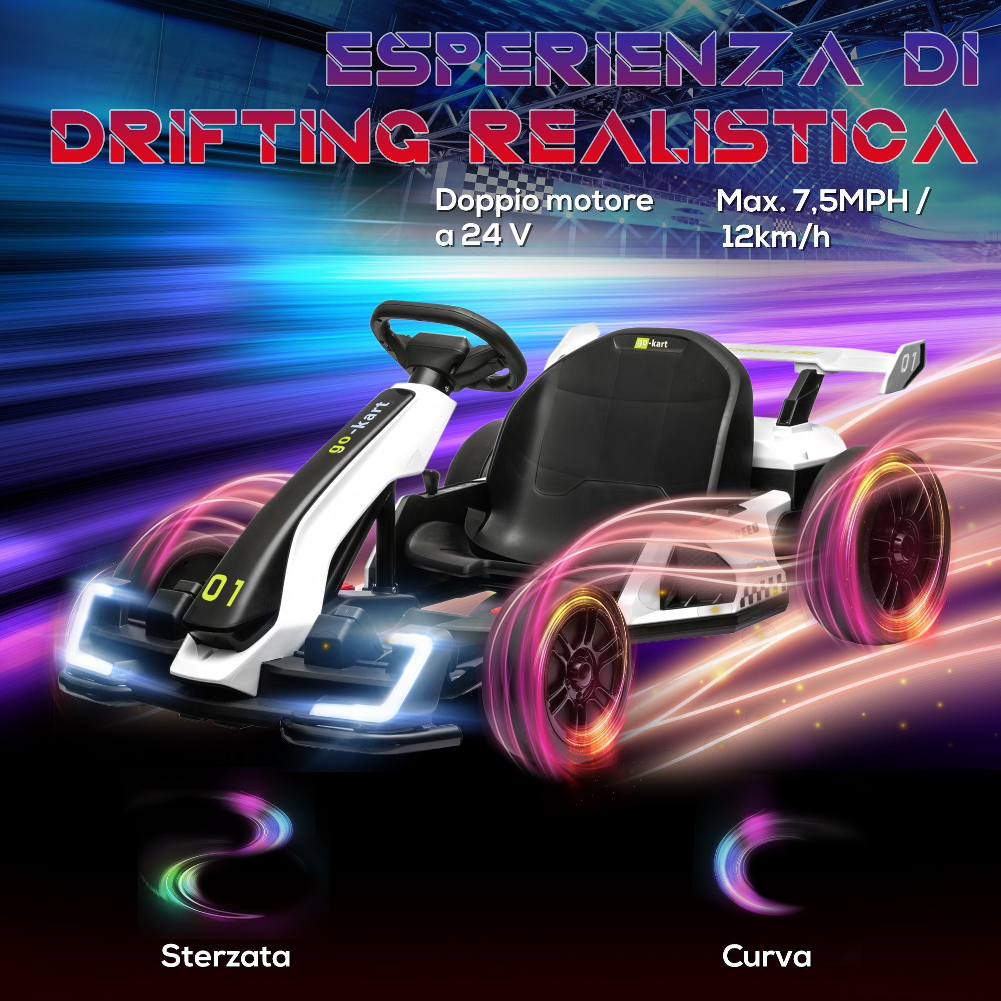 Go Kart Elettrico per Bambini 24V con Seggiolino Regolabile Bianco