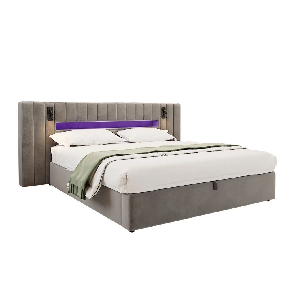 Letto matrimoniale contenitore 180x200 cm con USB; LED e lampada; velluto grigio (Senza materasso)
