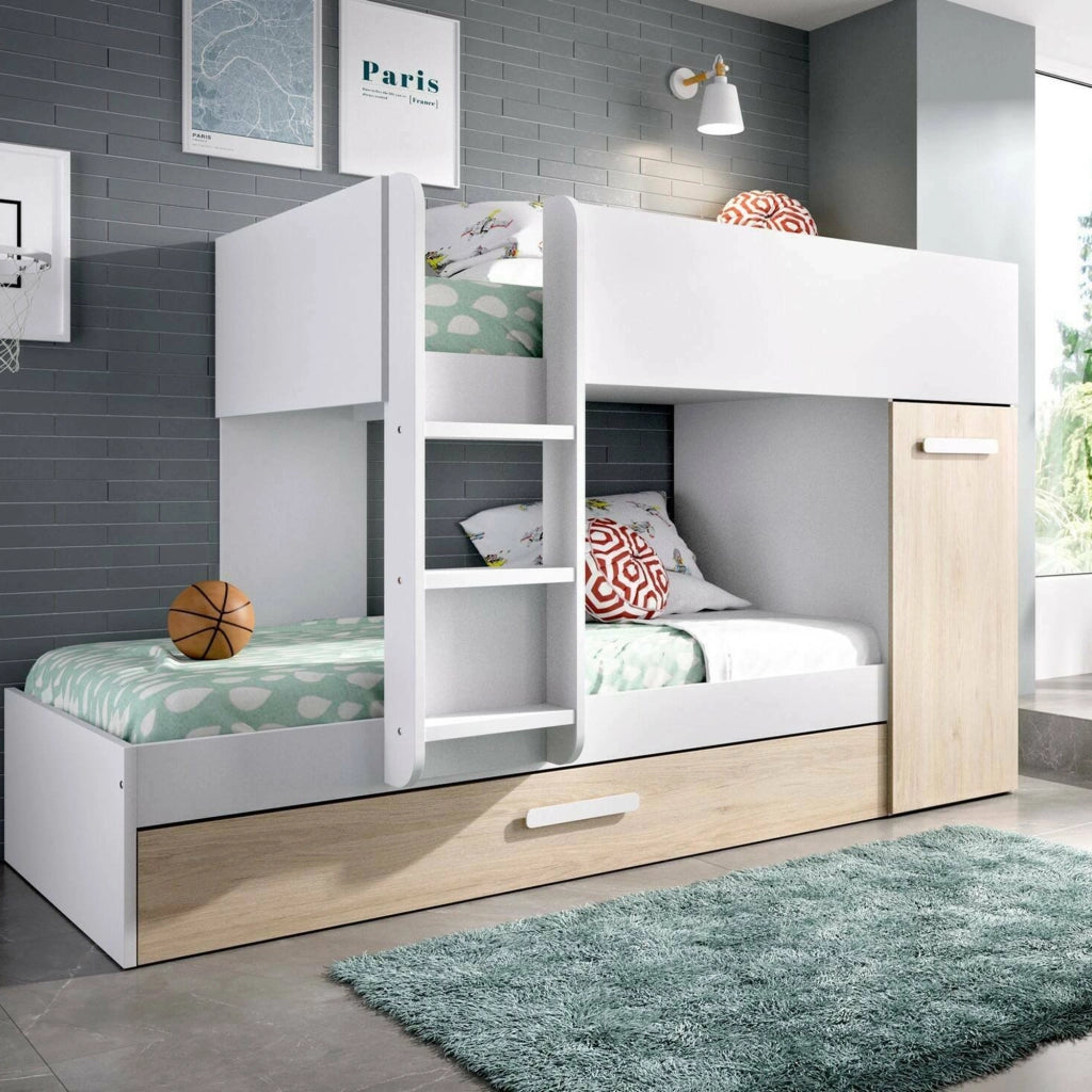 Letto per bambini Hikaa, Cameretta completa con armadio e cassetto, Composizione letto a castello con due lettini singoli, 244x112h150 cm, Rovere e Bianco