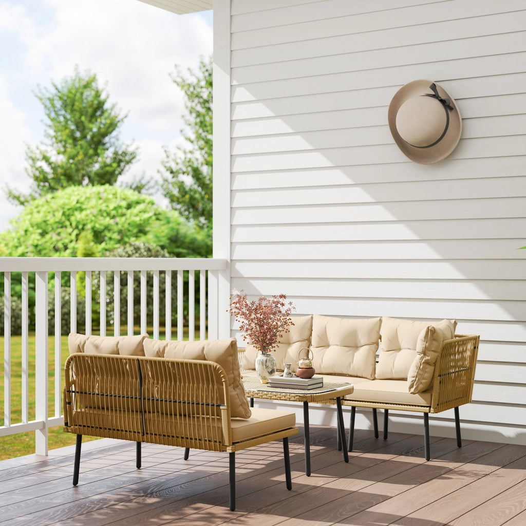 Set Salotto da Giardino 2 Divani Poltrona Angolare e Tavolino in Vetro in Rattan Colore Legno