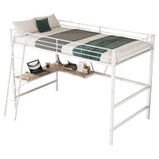 Letto a Soppalco Singolo con Scrivania a L e Scaffale; 90×200 cm; senza Materasso; Metallo; Bianco