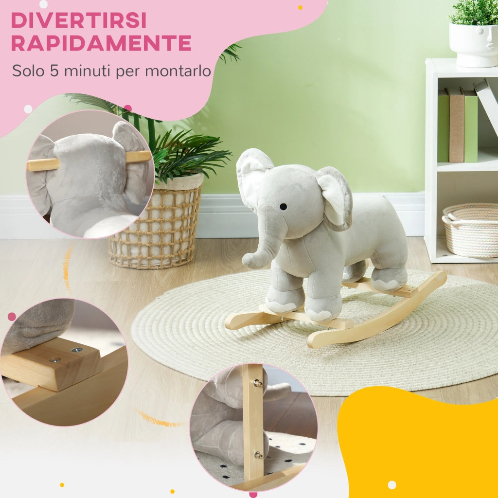 Cavallo a Dondolo per Bambini 2-4 Anni a Forma di Elefante con Suoni e Rivestimento Morbido, Grigio