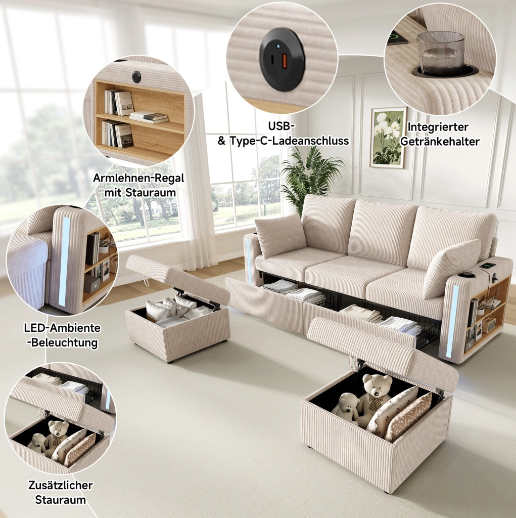 Divano modulare 5-6 posti con LED, USB-C e contenitore beige