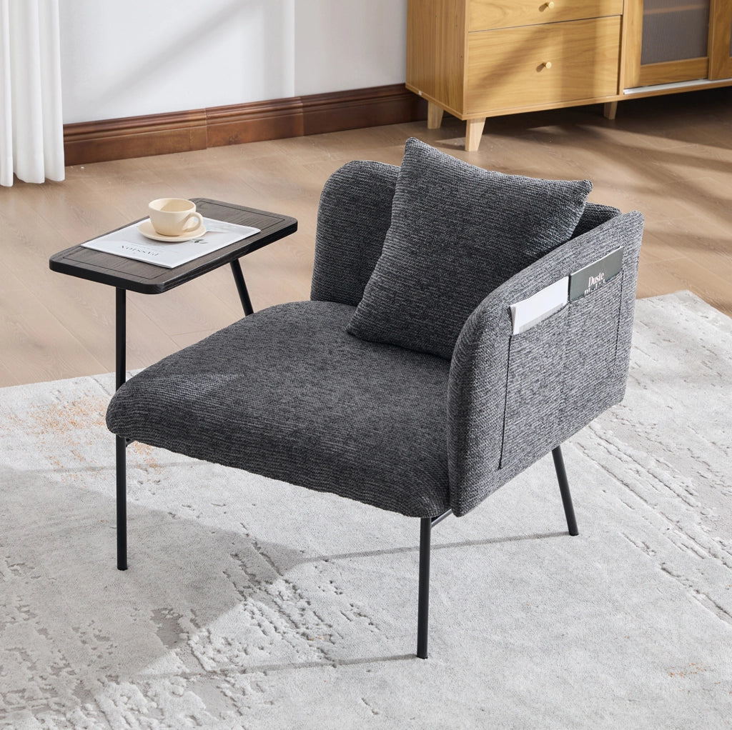 Poltrona grigio scuro 86x72x71 cm con tavolino e vani, chenille e metallo,