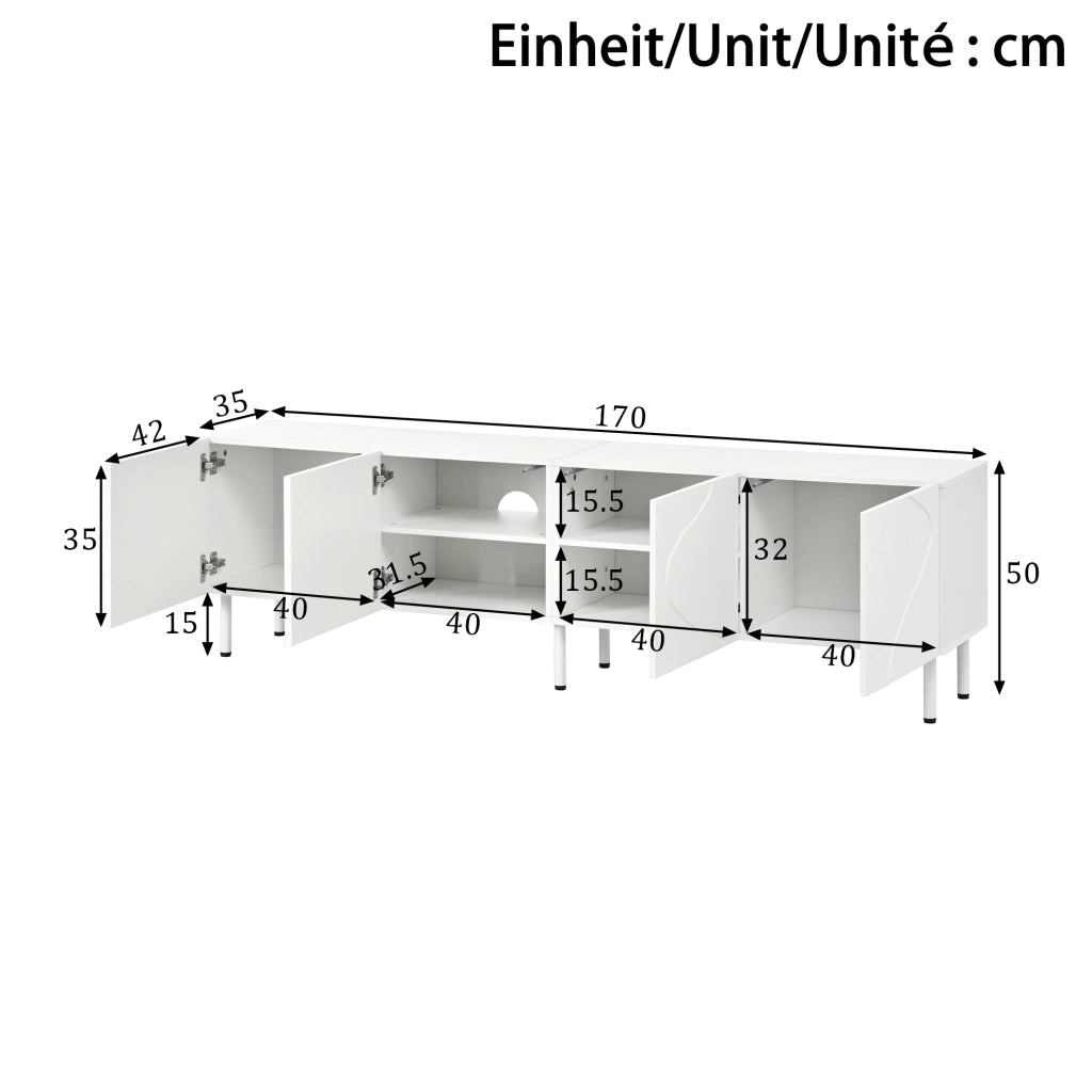 Mobile porta TV con 4 ante e funzione push-to-open, per soggiorno, in PB e MDF, bianco, 170 × 35 × 50 cm