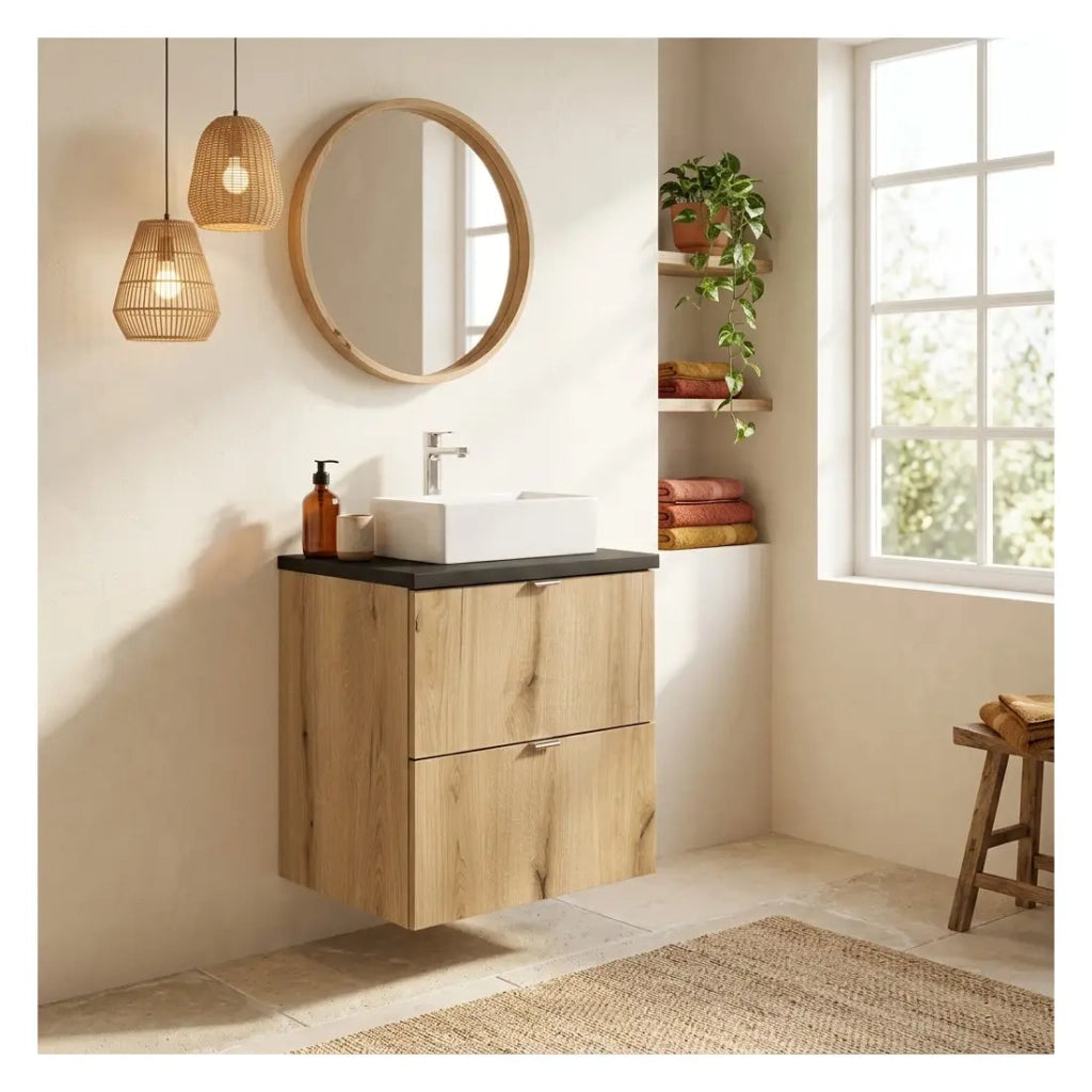 Set bagno sospeso VANO effetto rovere e nero 50cm: mobile sottolavabo con cassetti + piano per lavabo