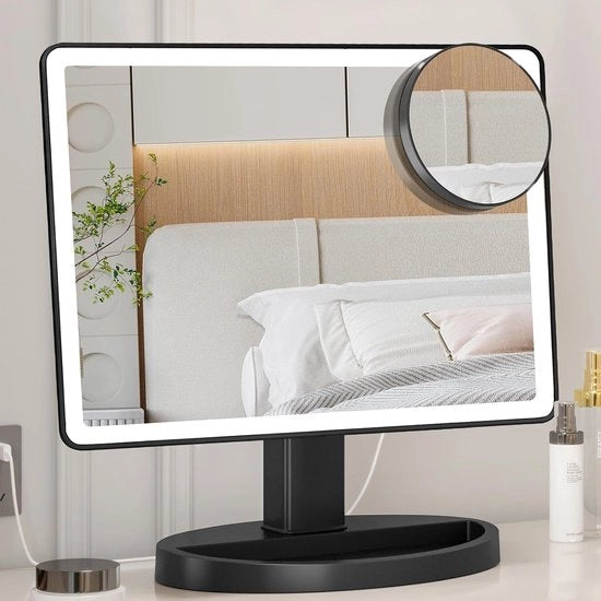 Specchio di trucco illuminato con 3 modalità di colore e ingrandimento 10x - modello da tavolo