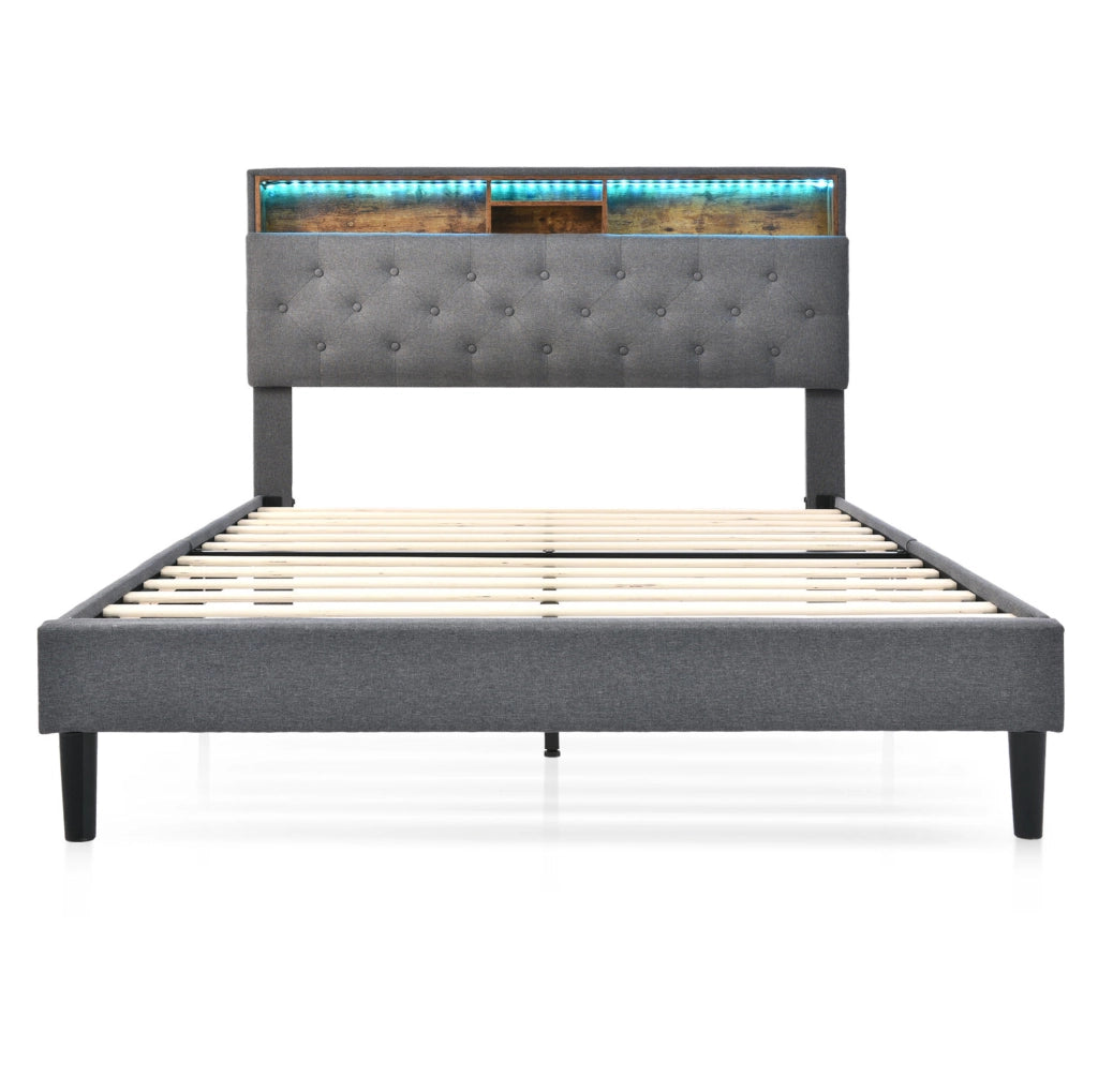 Letto matrimoniale imbottito con testiera contenitore e LED 140x200 cm; grigio