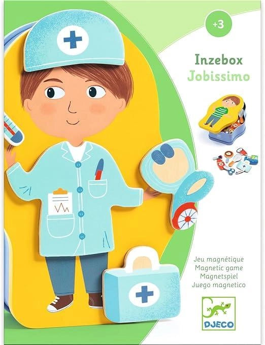 Inzebox Jobissimo,Gioco Magnetico con pezzi dilegno magnetica da attaccare sulla sagoma metallica,Djeco,Eta 3+