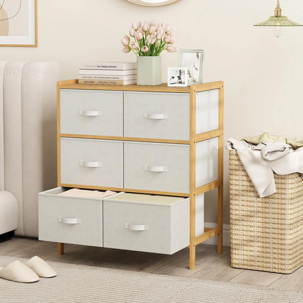 Cassettiera a 6 Cassetti in Bambù, Torre di Stoccaggio con Cassetti in Tessuto Pieghevoli e Ripiano Superiore, Organizzatore Verticale per Soggiorno Corridoio, 66x35x78,5 cm