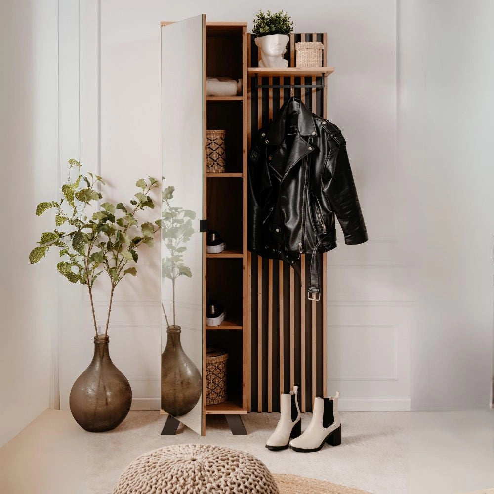 Mobile ingresso con frontale cannettato e anta a tutto specchio Medan42A colore quercia antracite 80x37x190H