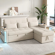 Divano letto angolare 209x141;5x90 cm in ciniglia beige con LED; USB e USB-C