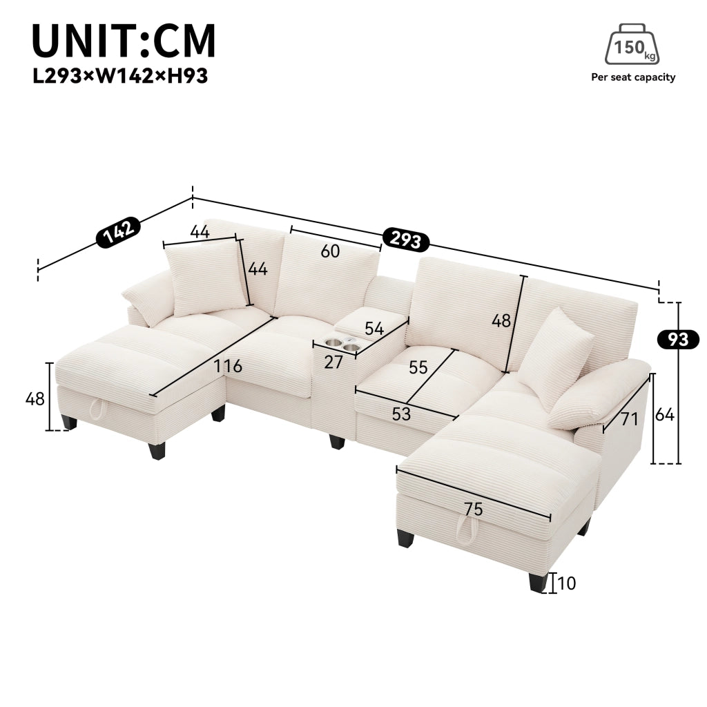 Divano angolare modulare 4 posti con contenitore; USB e portabicchieri in velluto a coste beige