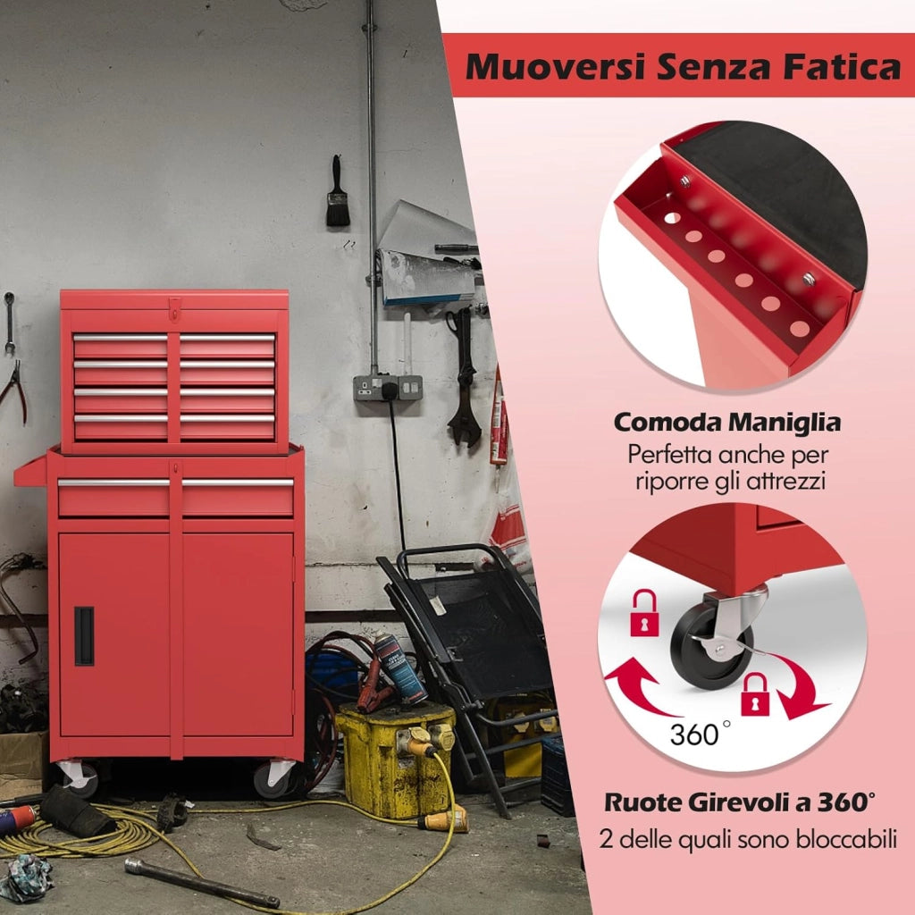 Cassettiera Portautensili a 4 Cassetti, Carrello per Attrezzi con Ruote Bloccabili Ripiano Regolabile e Rivestimento Antiscivolo, 59 x 28 x 102 cm (Rosso)
