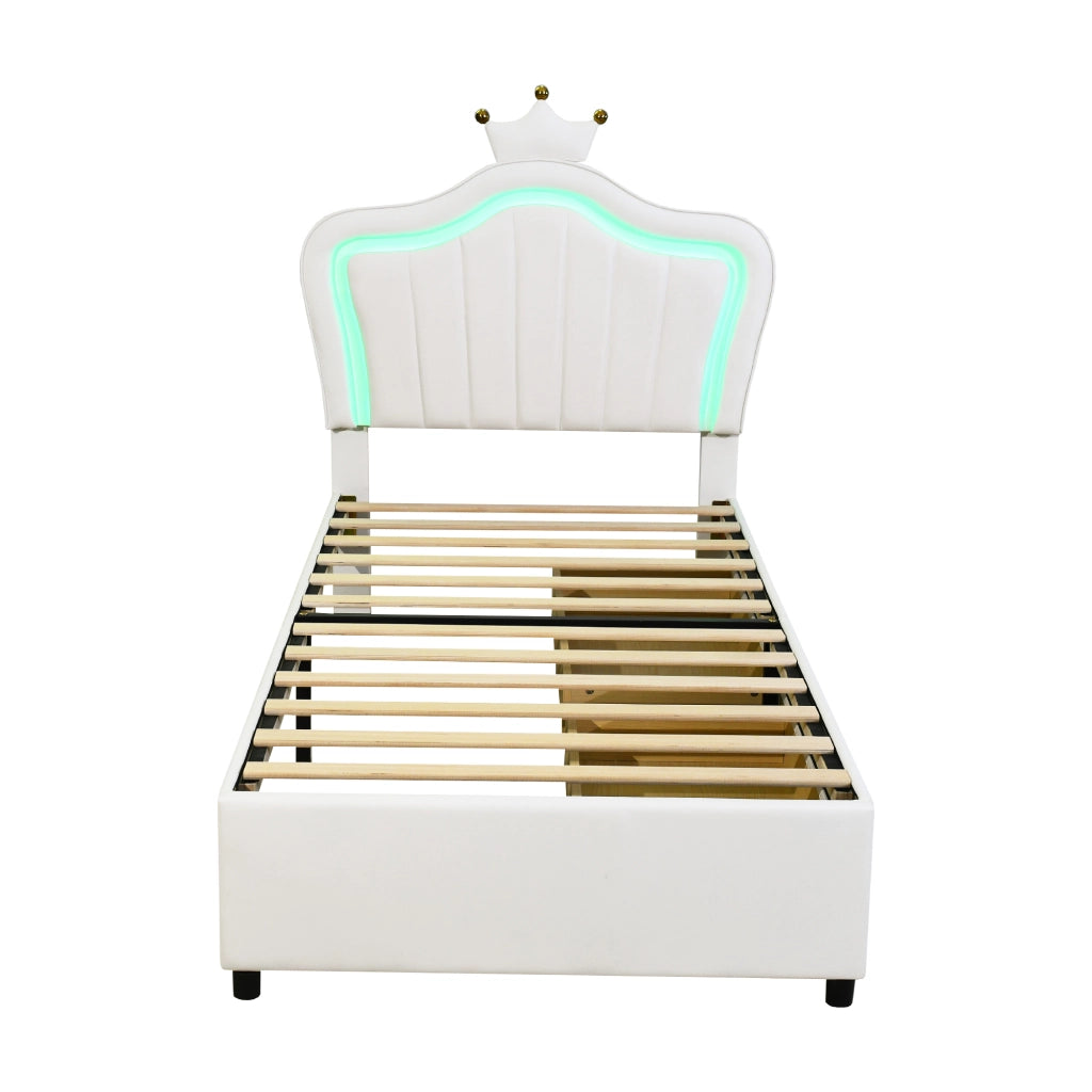 OKWISH Letto Bambino 90×200 cm, Letto Singolo con 2 Cassetti, LED Regolabile e Testiera Regolabile, senza Materasso, PU Bianco