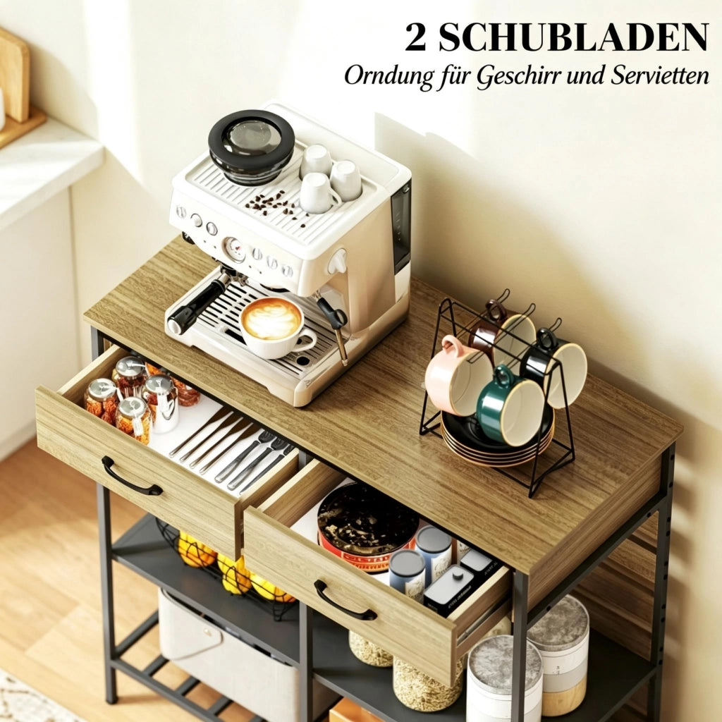 Credenza da cucina, mobile contenitore con 2 cassetti e 3 vani a giorno, mobile da cucina per soggiorno e sala da pranzo
