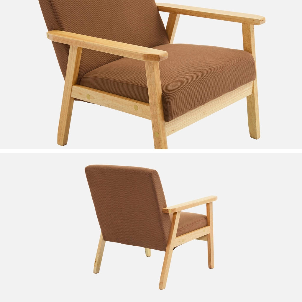 Poltrona scandinava in legno e velluto a coste, marrone