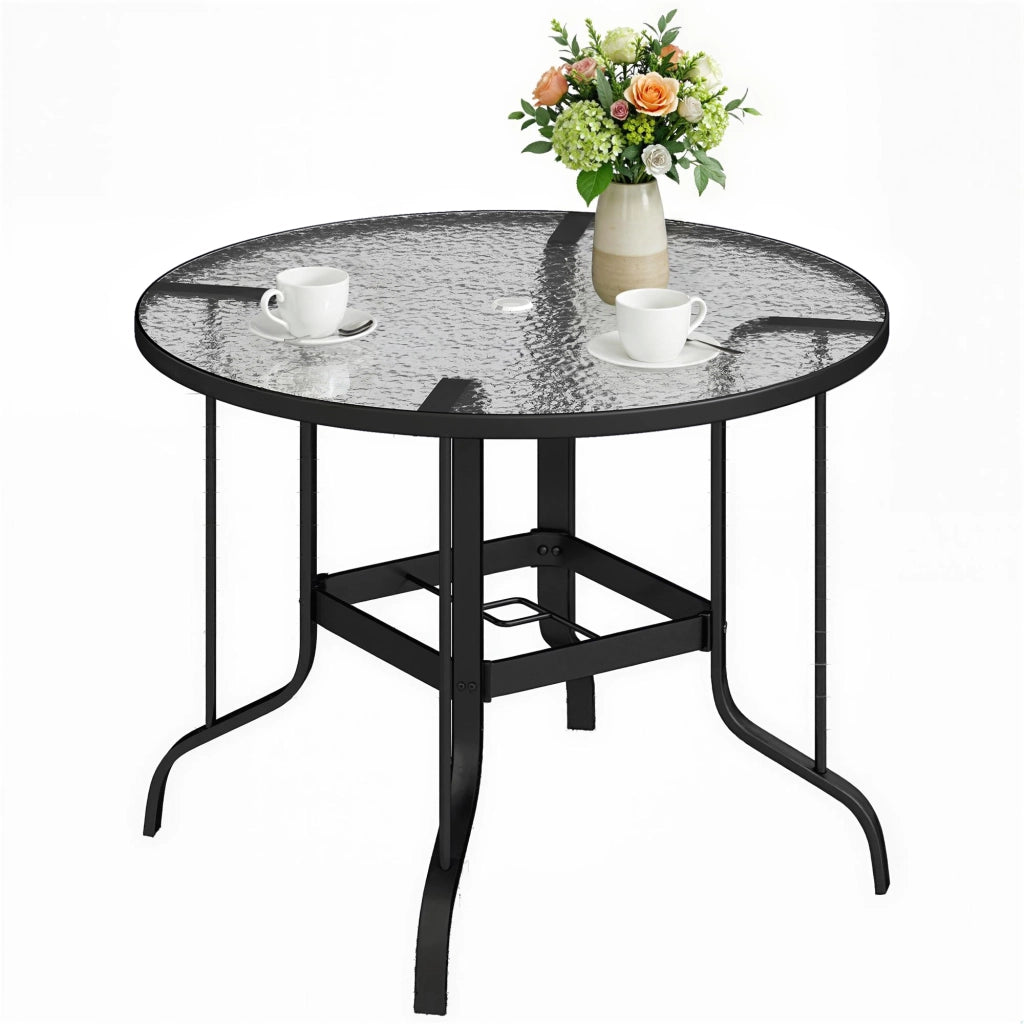 Tavolino da Giardino Rotondo con Foro per Ombrellone, in Metallo e Vetro Temperato, ?96.5x71 cm, Nero
