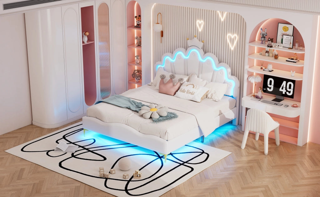 DESMIU Letto Matrimoniale 140 × 200 cm con LED regolabile e testiera regolabile, senza materasso, PU bianco