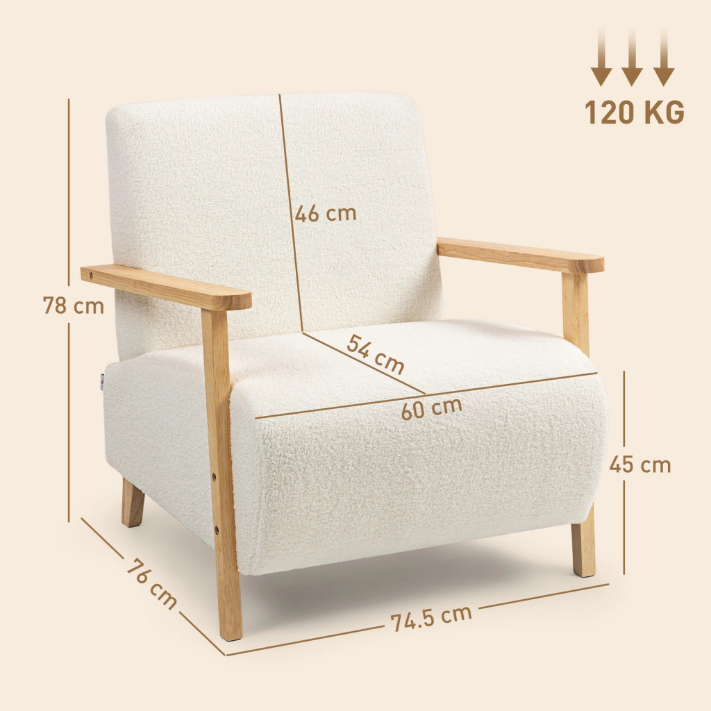 Poltrona da Salotto in Tessuto Sherpa con Braccioli e Gambe in Legno Stile Nordico, Crema