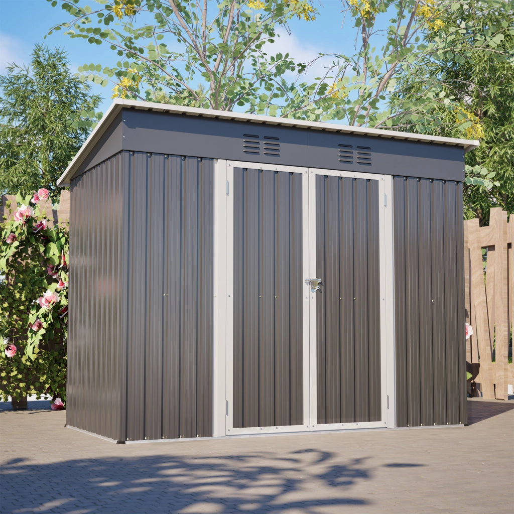 Casetta da giardino con porta con serratura e 2 griglie di aerazione in acciaio zincato grigio 242 × 126 × 182 cm