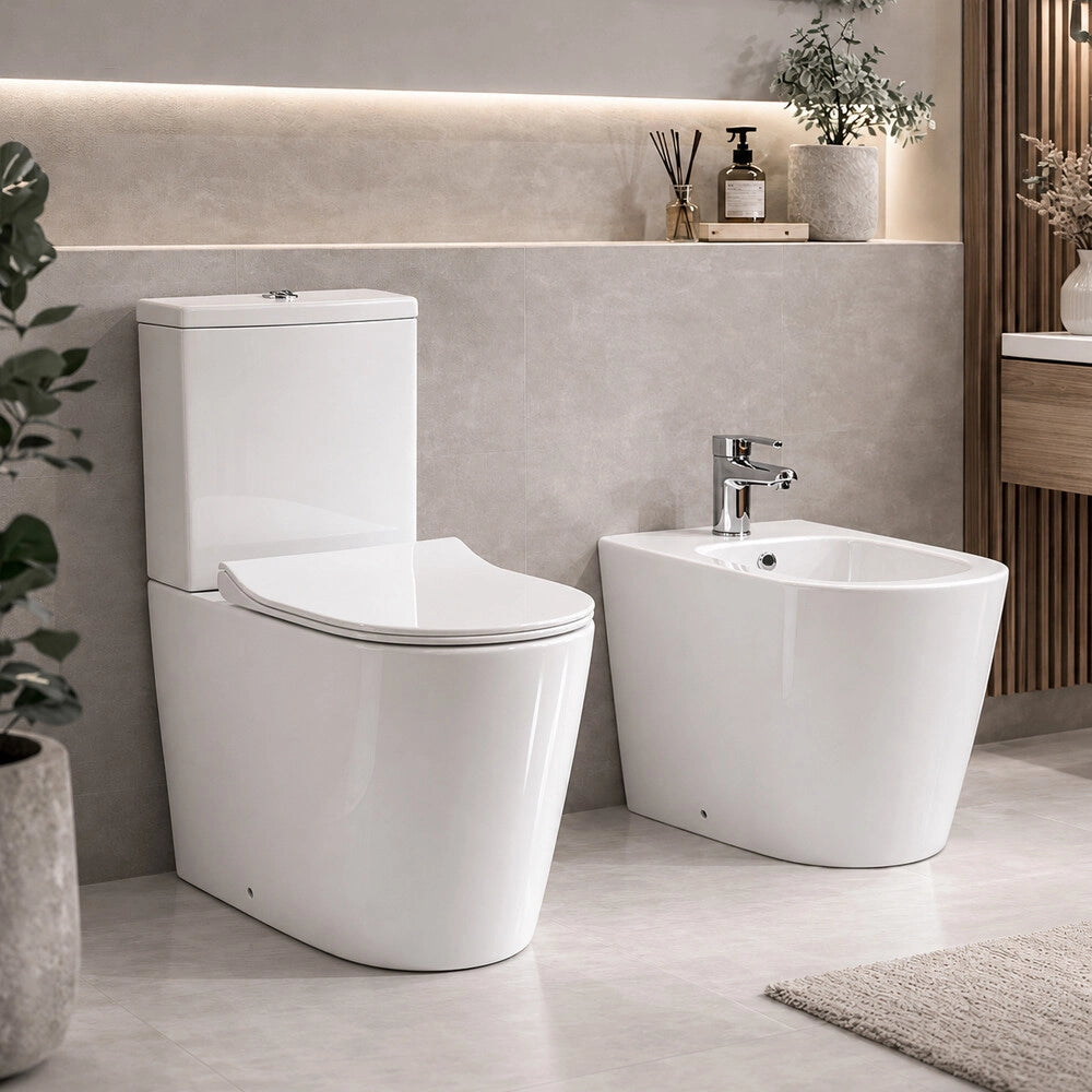 Wc monoblocco filomuro bianco lucido in ceramica con scarico universale rimless Kyoto