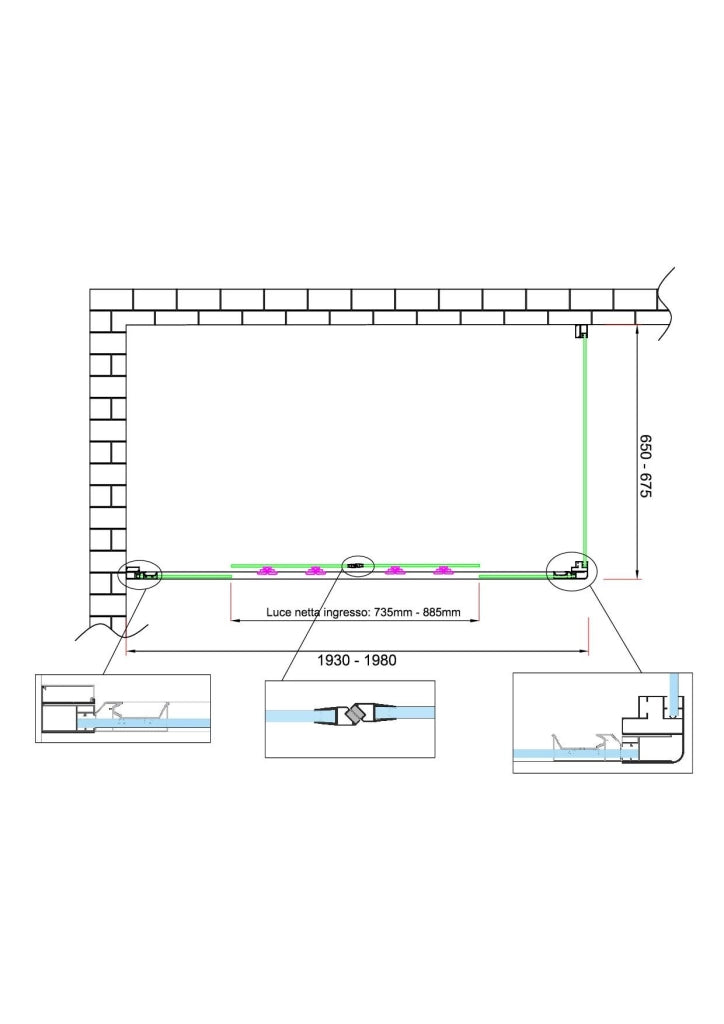 Box doccia 6 mm H 190 parete fissa e porta a 4 ante con apertura centrale MISURA 65-67,5 ANTA FISSA + PORTA 193-198