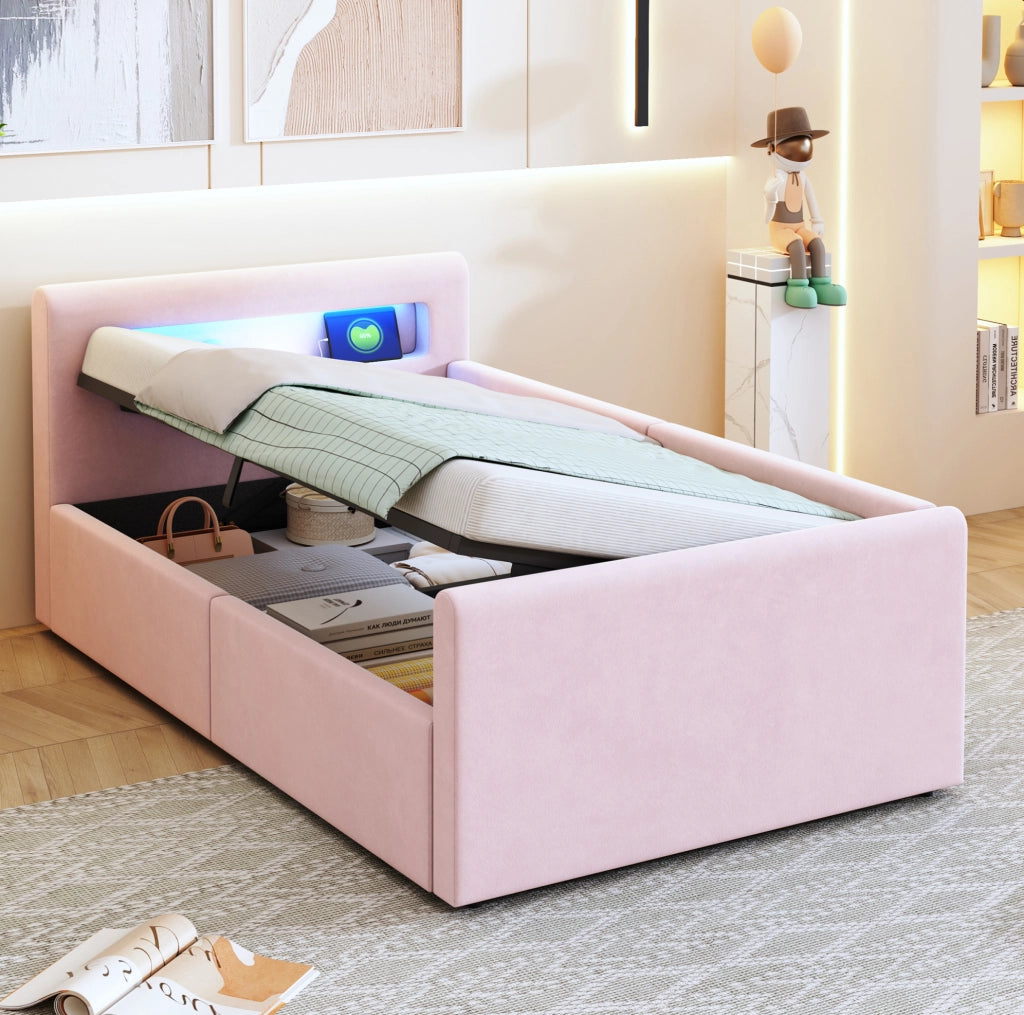 Letto imbottito per bambini 90x200 cm con LED; USB; contenitore idraulico; velluto rosa