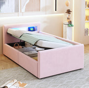 Letto imbottito per bambini 90x200 cm con LED; USB; contenitore idraulico; velluto rosa