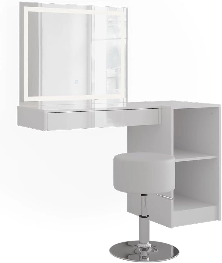 Tavolo da toeletta Sherry, Bianco/bianco lucido, 120 cm 4 parti, con illuminazione LED e specchio integrato