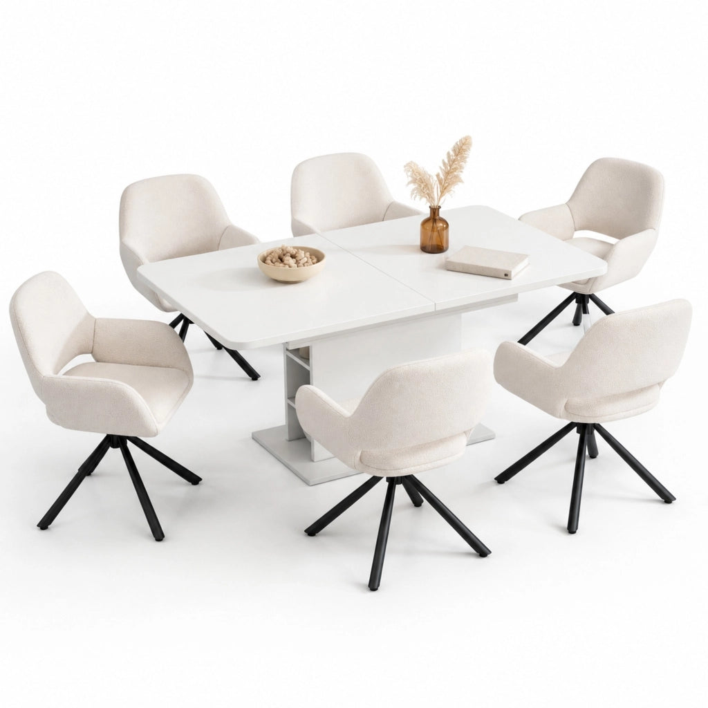 Set da pranzo bianco con tavolo allungabile e sedie in tessuto Sherpa