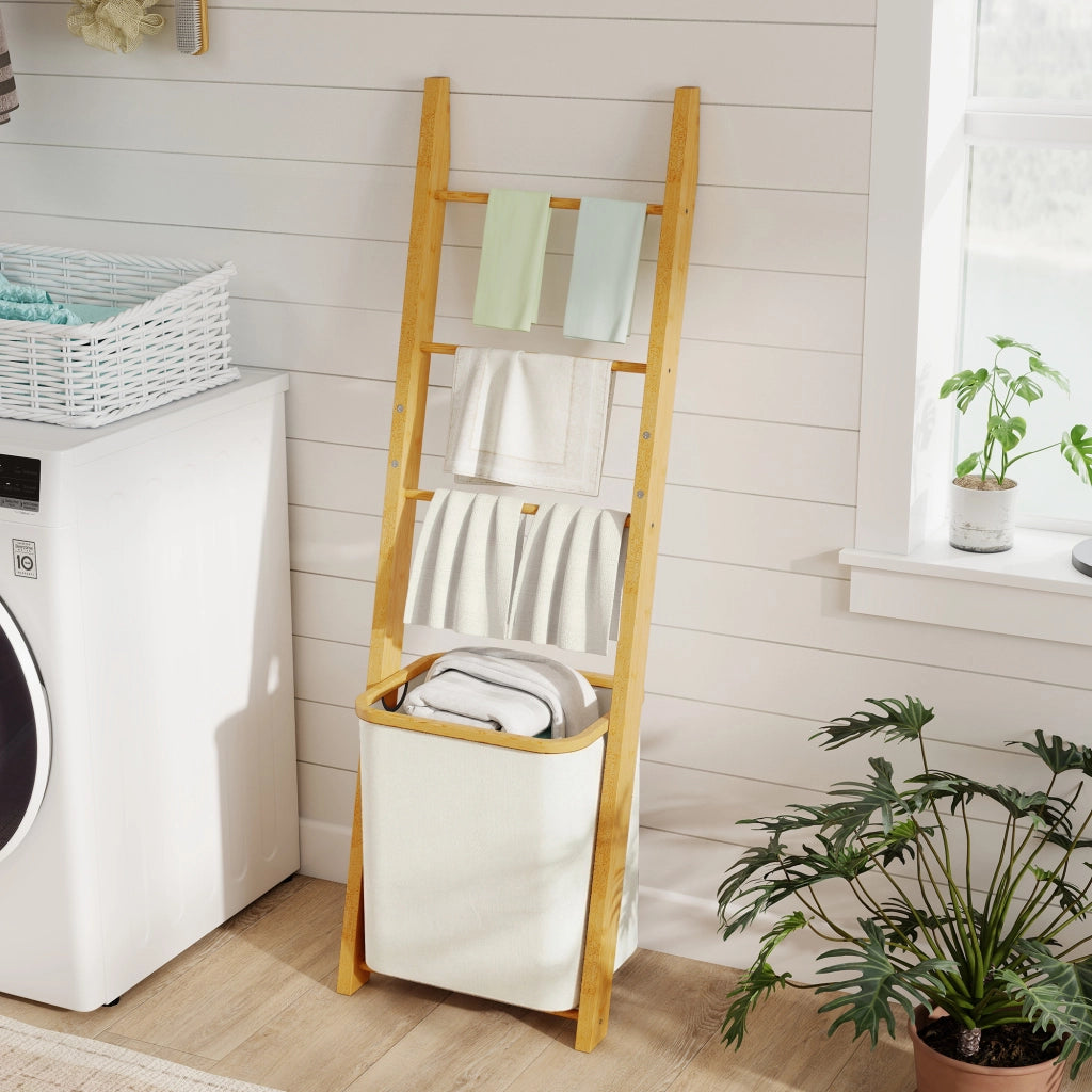 Mobile Bagno in Bamb¨´ con Cesto e Portasciugamani ¨C zephmum ¨C Crema 48L