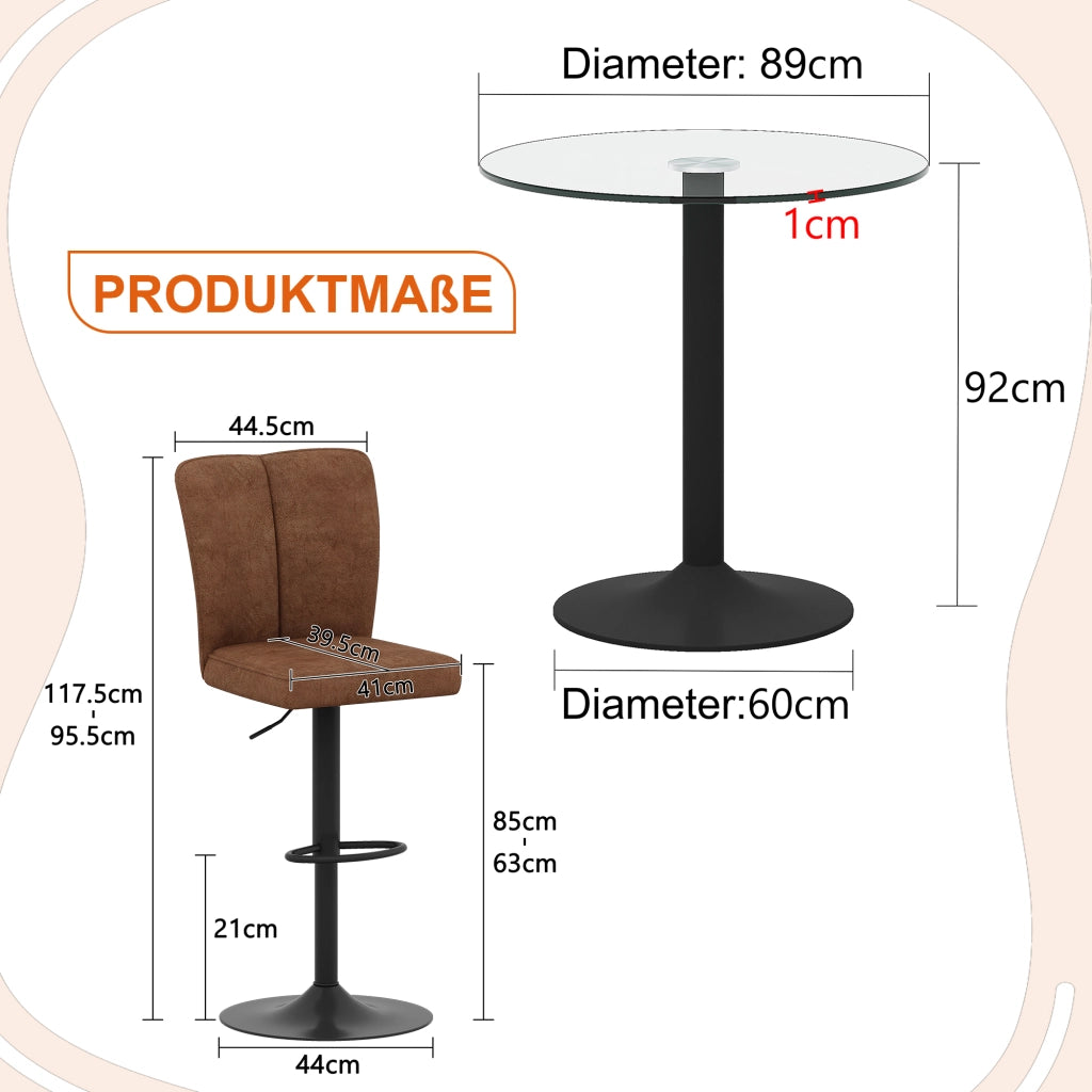 Tavolo da pranzo per 4 persone con piano rotondo in vetro, 4 sgabelli girevoli, per cucina e bar, marrone e nero, 89 cm