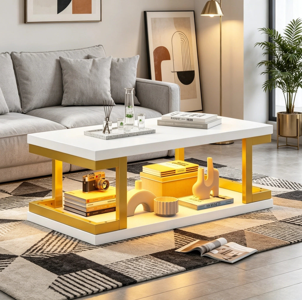 Tavolino da caffè LED bianco e oro 100x50x37,5 cm in MDF e metallo