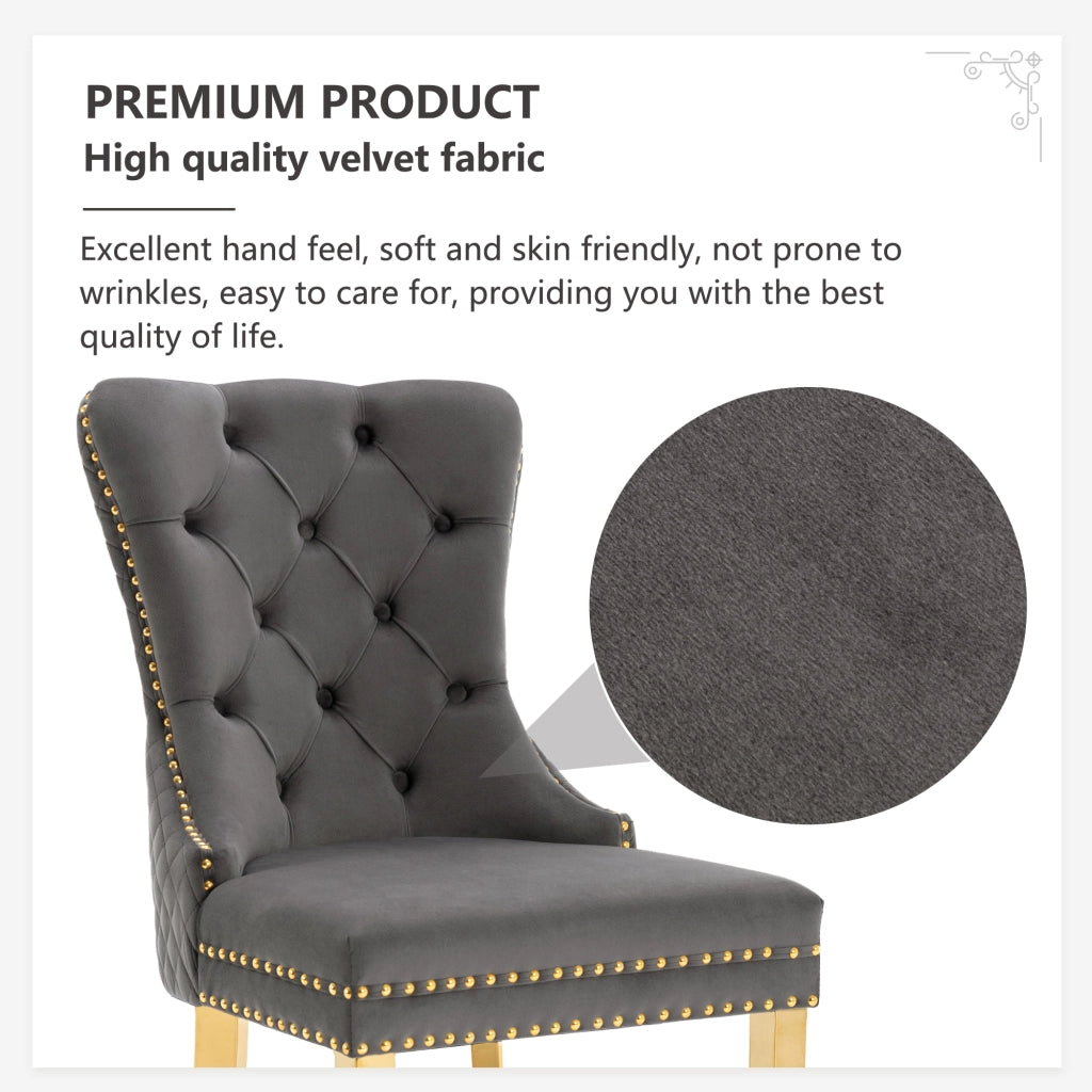 OKWISH Set di 4 Sedie da Sala da Pranzo con Anello sullo Schienale e Bordo Borchiato, Piedini Regolabili, Velluto Grigio