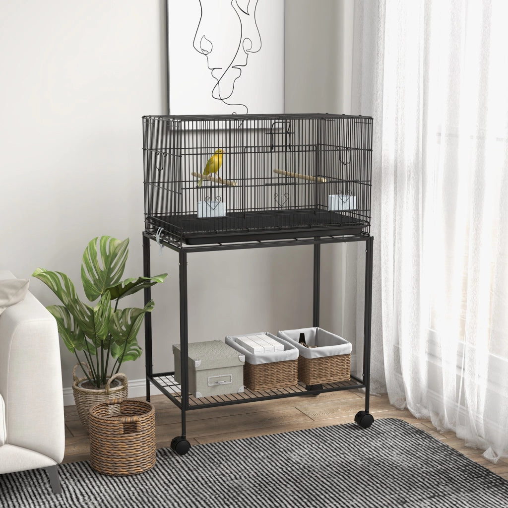 Gabbia per Uccelli con Ruote ¨C Xylo ¨C 77x46x119 cm, Metallo Nero, Vassoio Estraibile, 2 Posatoi