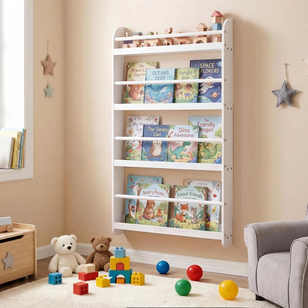 Libreria da Parete per Bambini, Scaffale Portaoggetti a 4 Livelli con Barre di Protezione e Bordi Rialzati, Libreria Salvaspazio per Cameretta per Bambini 3+ Anni, 56 x 12 x 107 cm (Bianco)