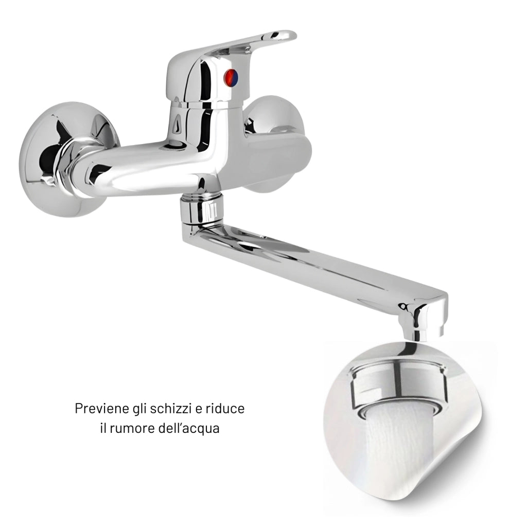 Miscelatore a muro in ottone lavello cucina con 2 canne erogazione orientabile