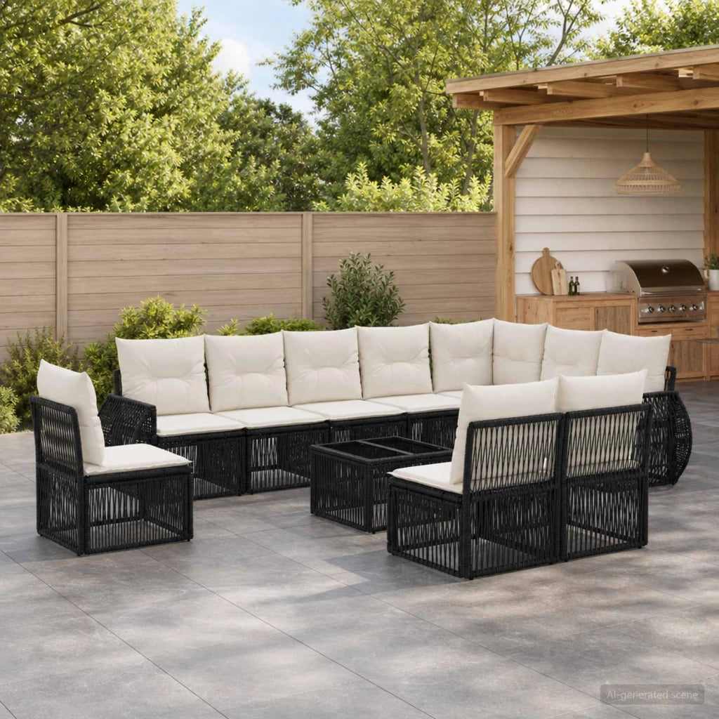 Set Divano da Giardino 11 pz Nero e Bianco Crema polyrattan 3435448