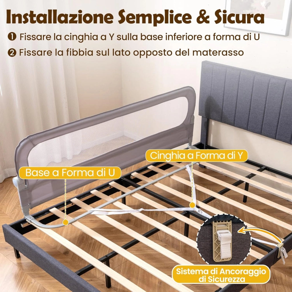 Sponda Letto per Bambini 80/120/150/180 cm, Barriera di Sicurezza per Neonati, Altezza Regolabile a 3 Livelli, Barriera Letto Pieghevole, con Cinghia di Sicurezza (180 cm,Grigio)