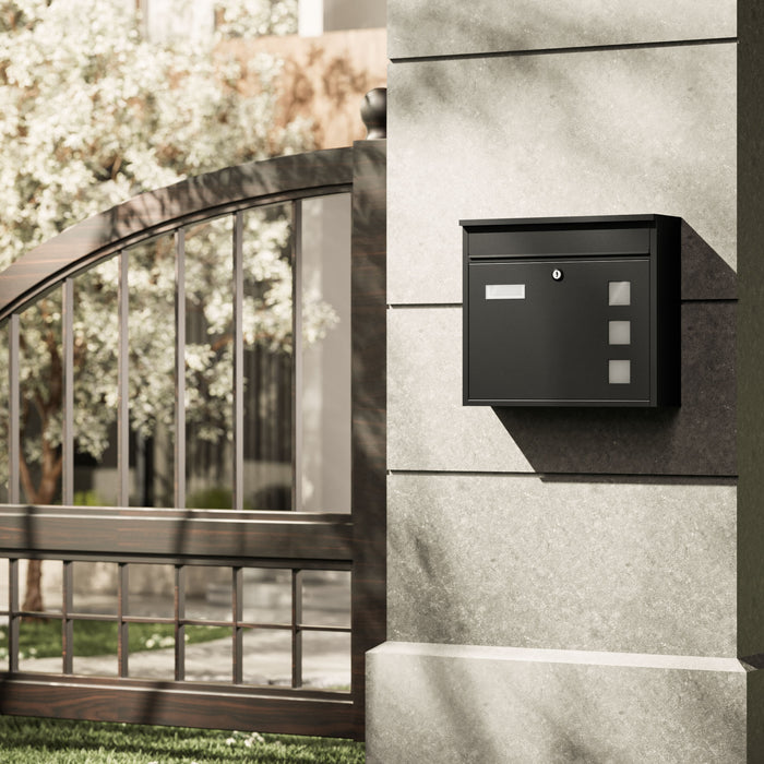 Cassetta postale singola V12 in acciaio verniciato a polvere nero con finestrelle e vetrino portanome