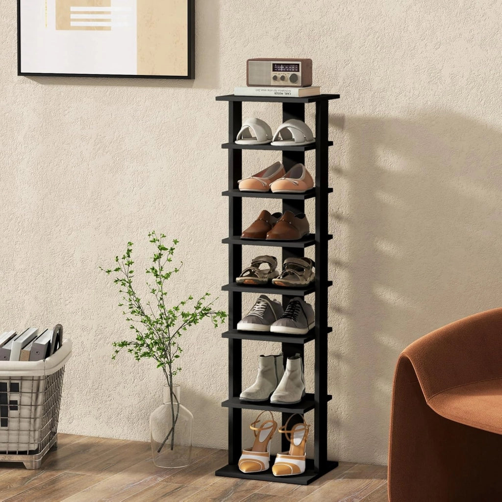 Scarpiera da Ingresso, Portascarpe a 7 Ripiani, Scaffale per 7 Scarpe, Stretto e Compatto per Salvaspazio, 27,5x26,5x110 cm (Nero, M)